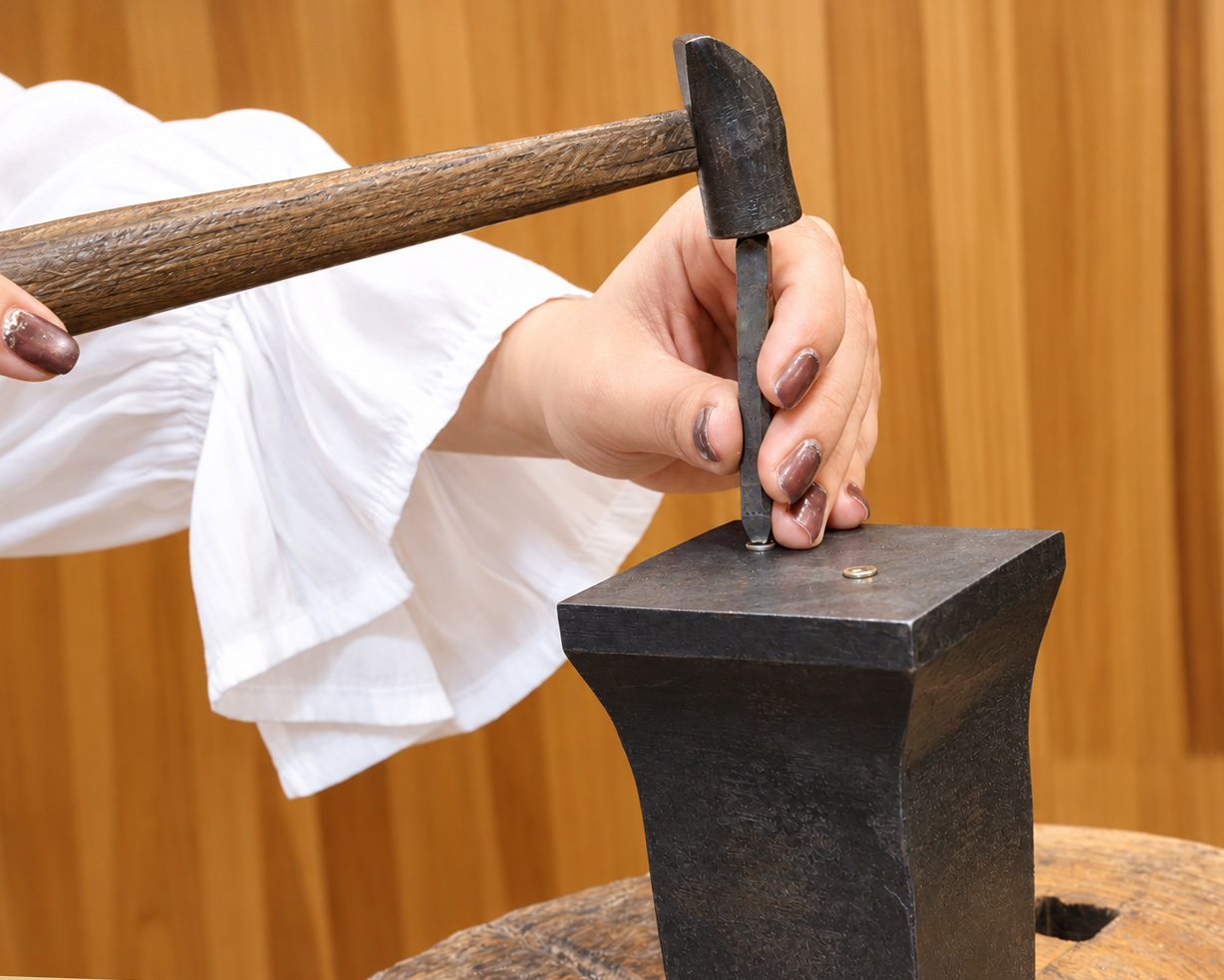 木工作業台で金属を叩く職人の手